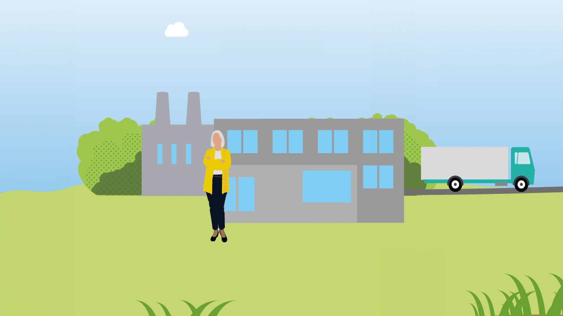 Simple illustration of a woman standing in front of a factory