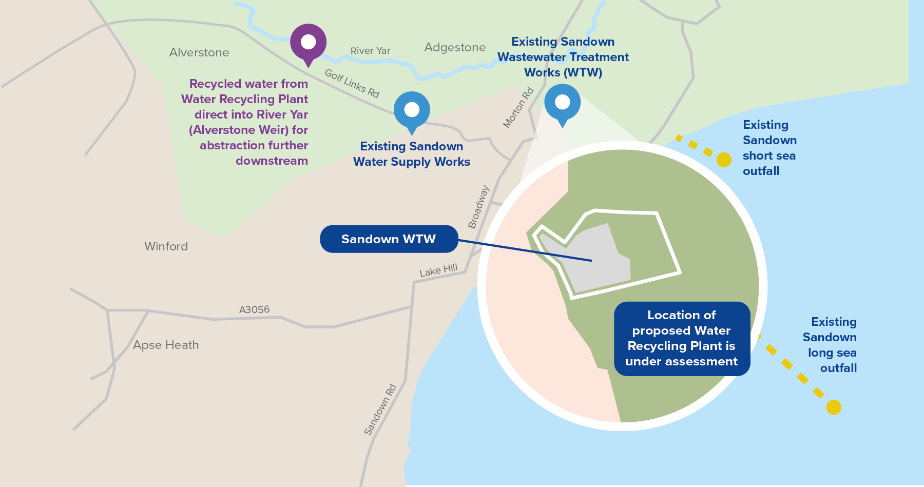An infographic illustrating the proposed location of a water recycling plant in the Sandown area
