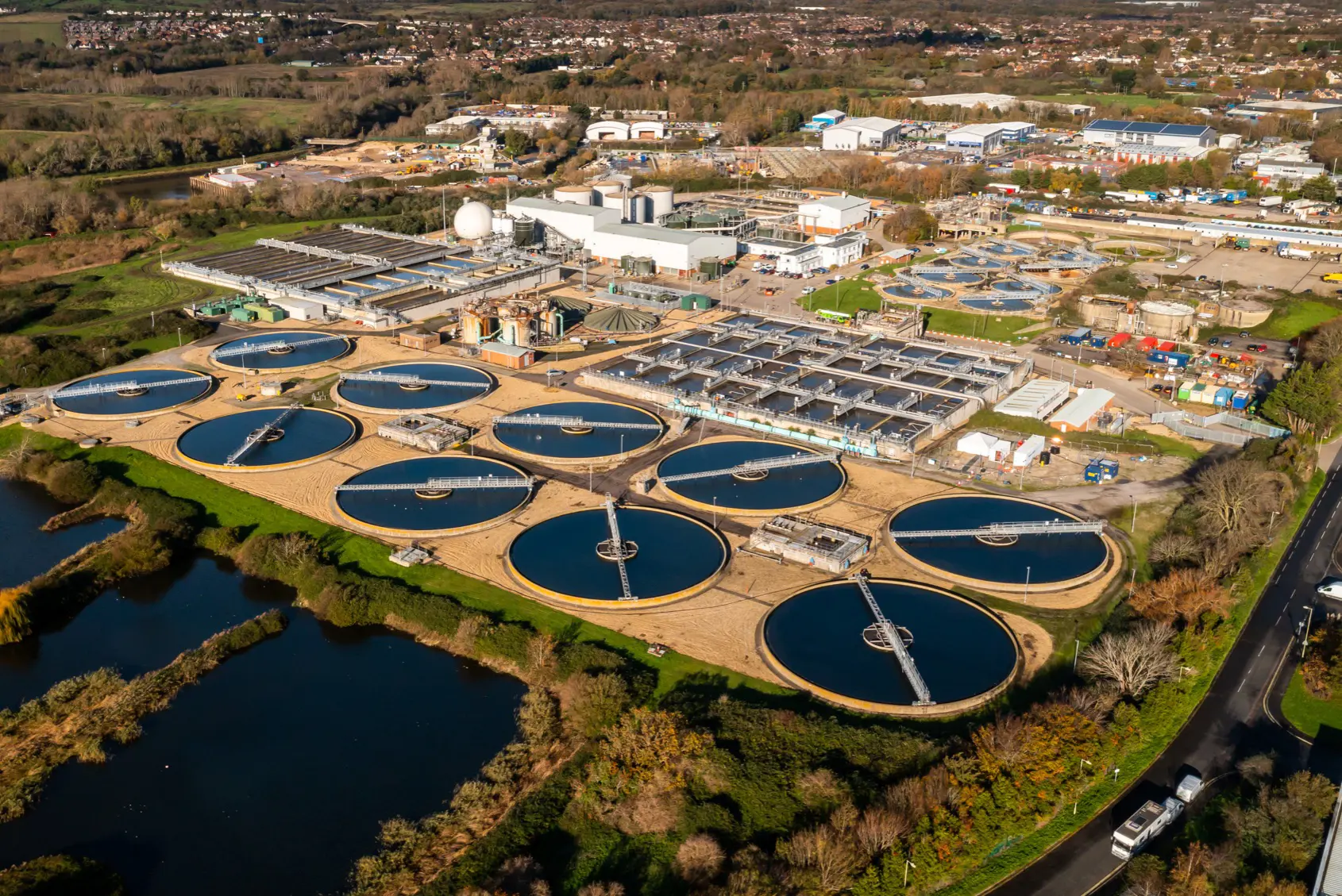 An aerial view of the Budds Farm Wastewater Treatment Works
