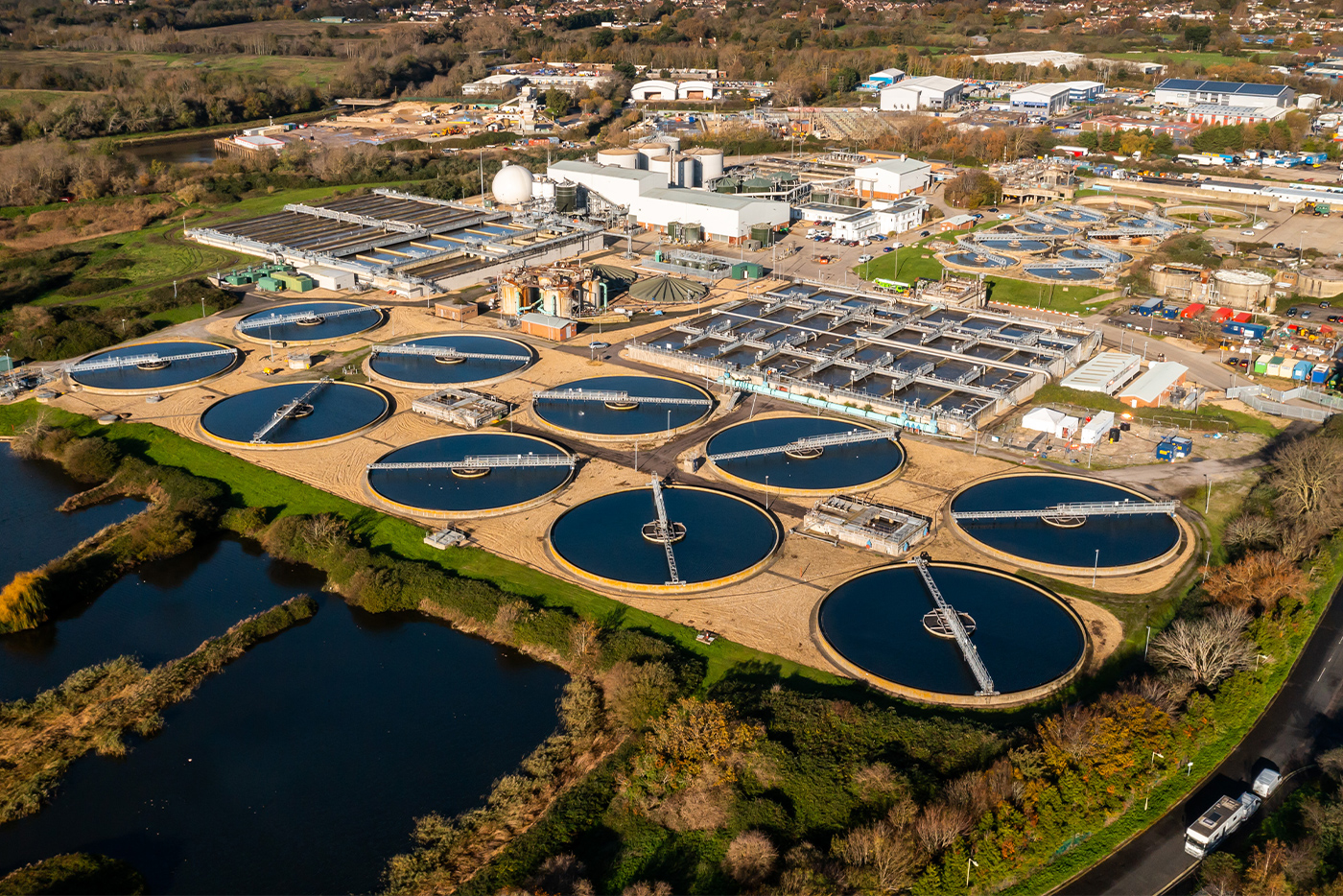 An aerial view of Budds Farm Wastewater Treatment Works 
