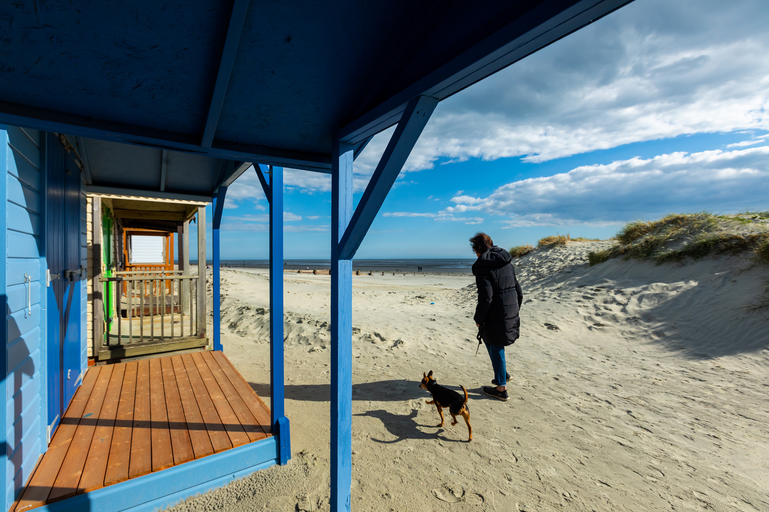 A person walks a dog next to beach huts on West Wittering Beach