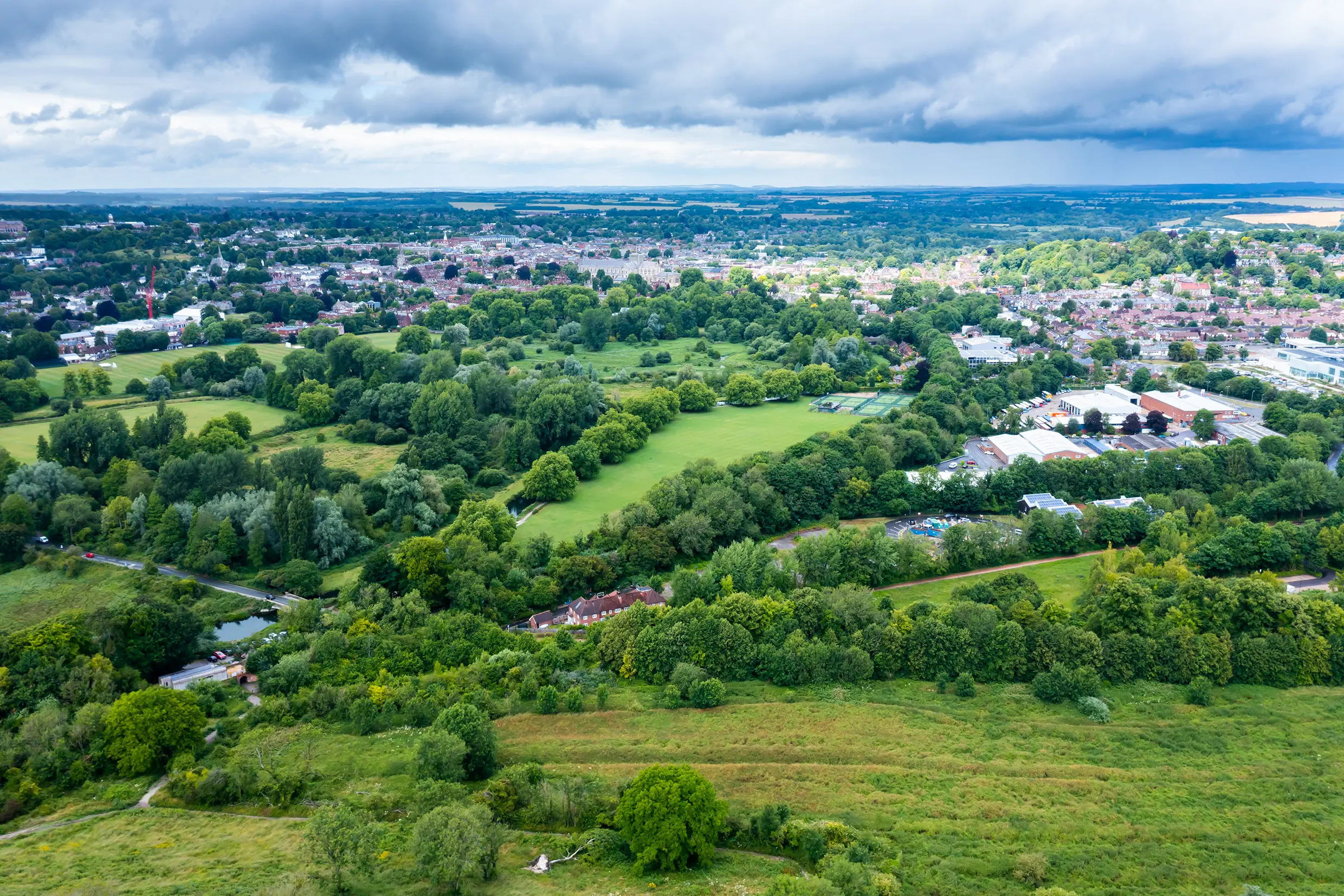An aerial establishing shot of St Catherines Hill