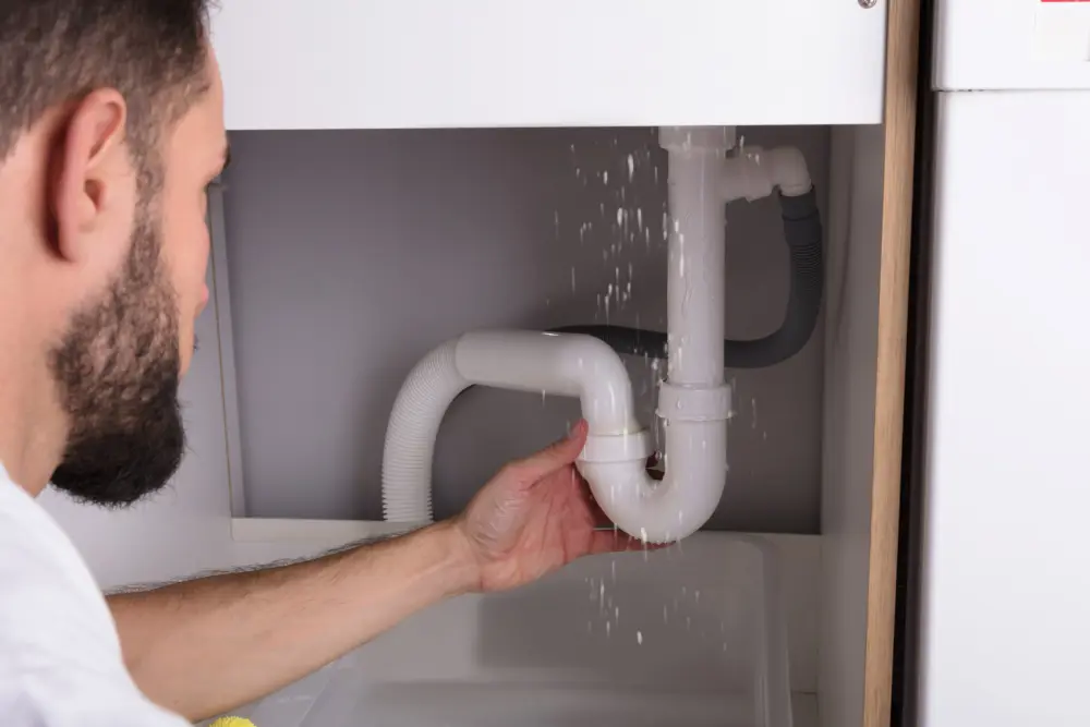 Man finding leak under his kitchen sink