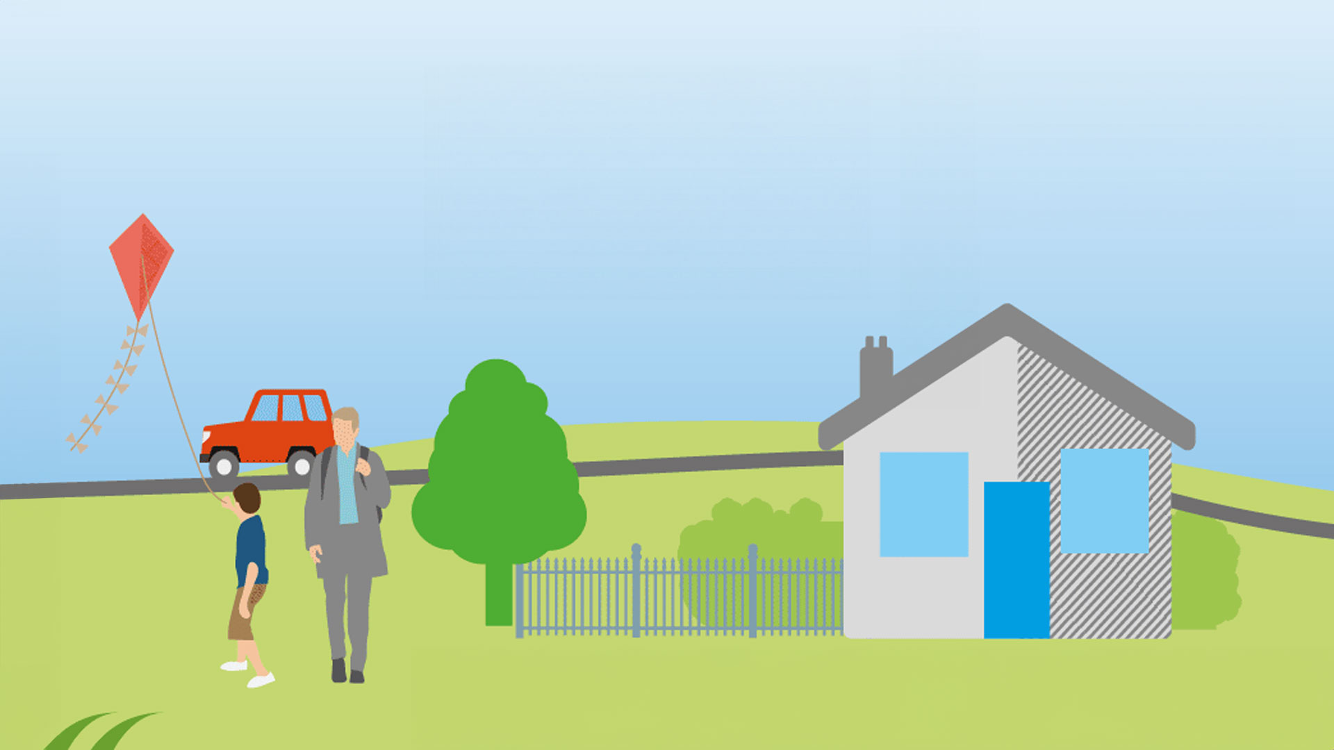 Simple illustration of a boy flying kite outside of a house