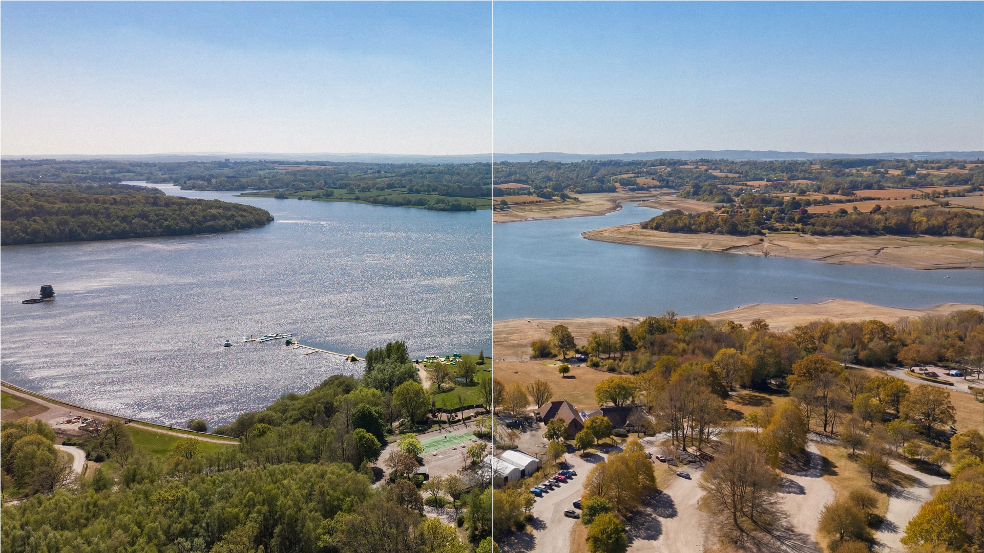 Split image showing Bewl reservoir in a drought and normal conditions
                        