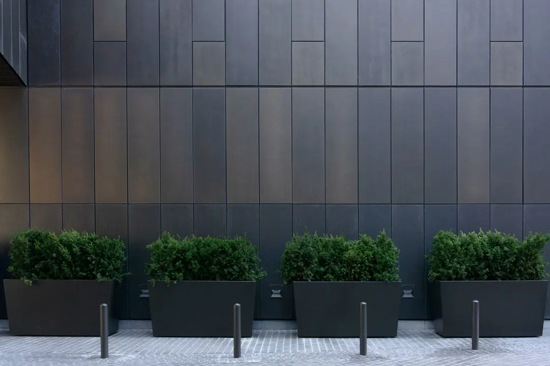 Planters containing bushes in front of modern building