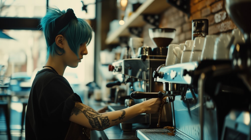 woman making a coffee at a local coffee shop
                        
