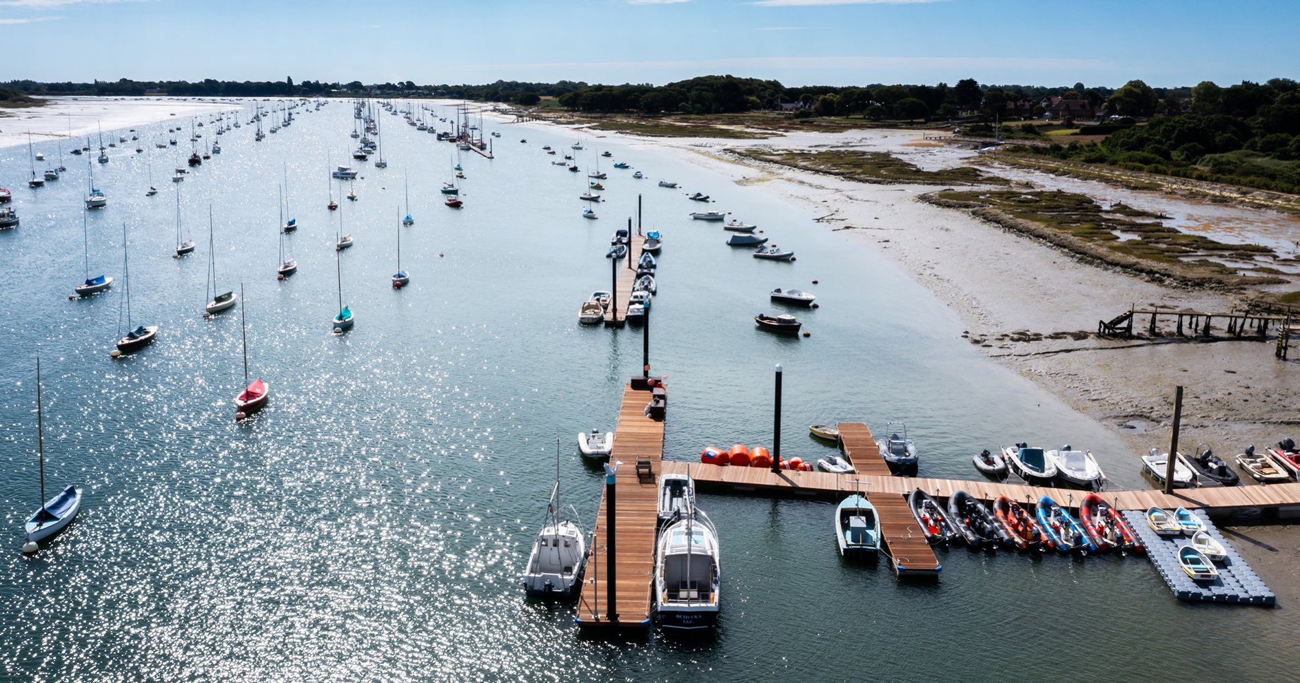 An aerial view of boats moored at Chichester Harbour