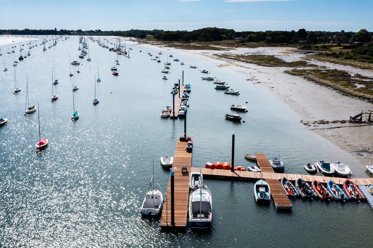 An aerial view of boats moored at Chichester Harbour