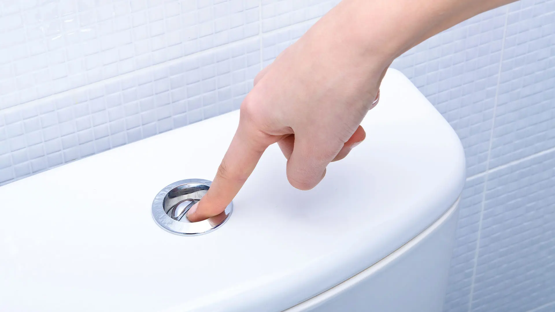 Hand pressing the toilet flush button