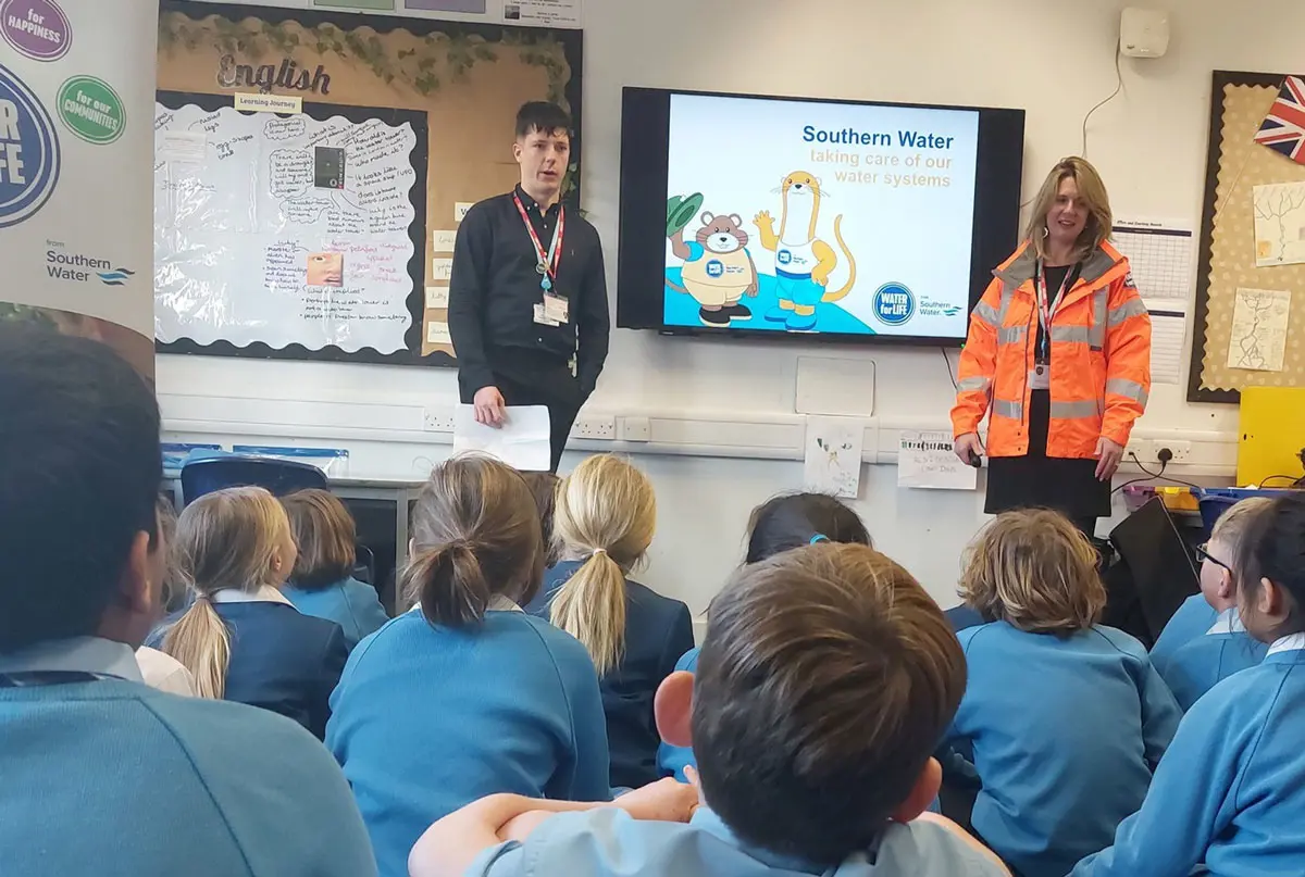 Southern Water team talking to a classroom of children